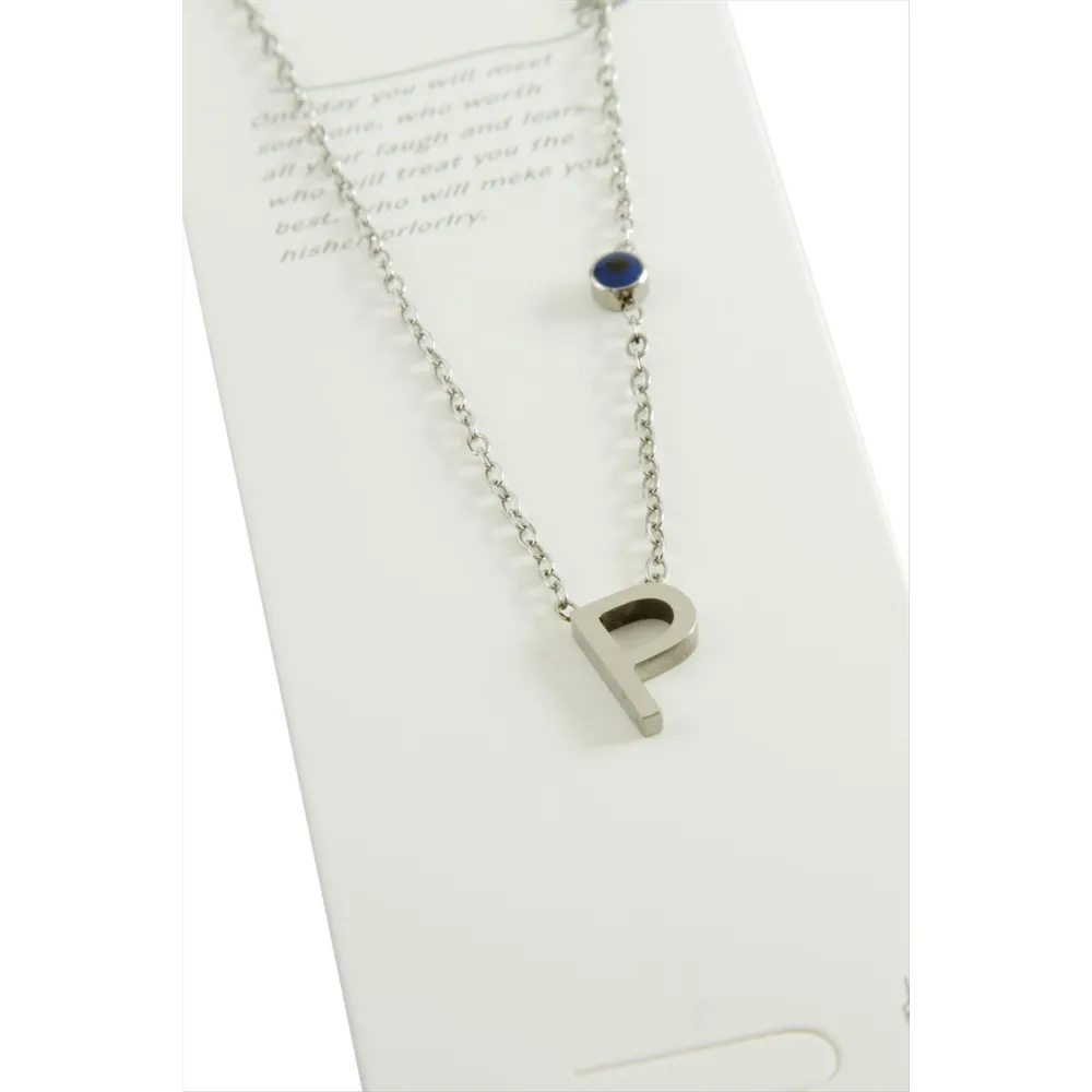 Gümüş Renkli Harfli Çelik Kolye-P