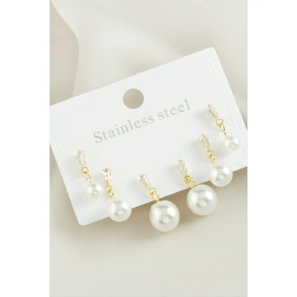 6 Adet Zirkon Taşlı İnci Çelik Küpe-Beyaz