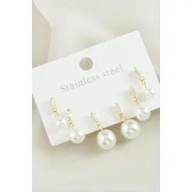 6 Adet Zirkon Taşlı İnci Çelik Küpe-Beyaz