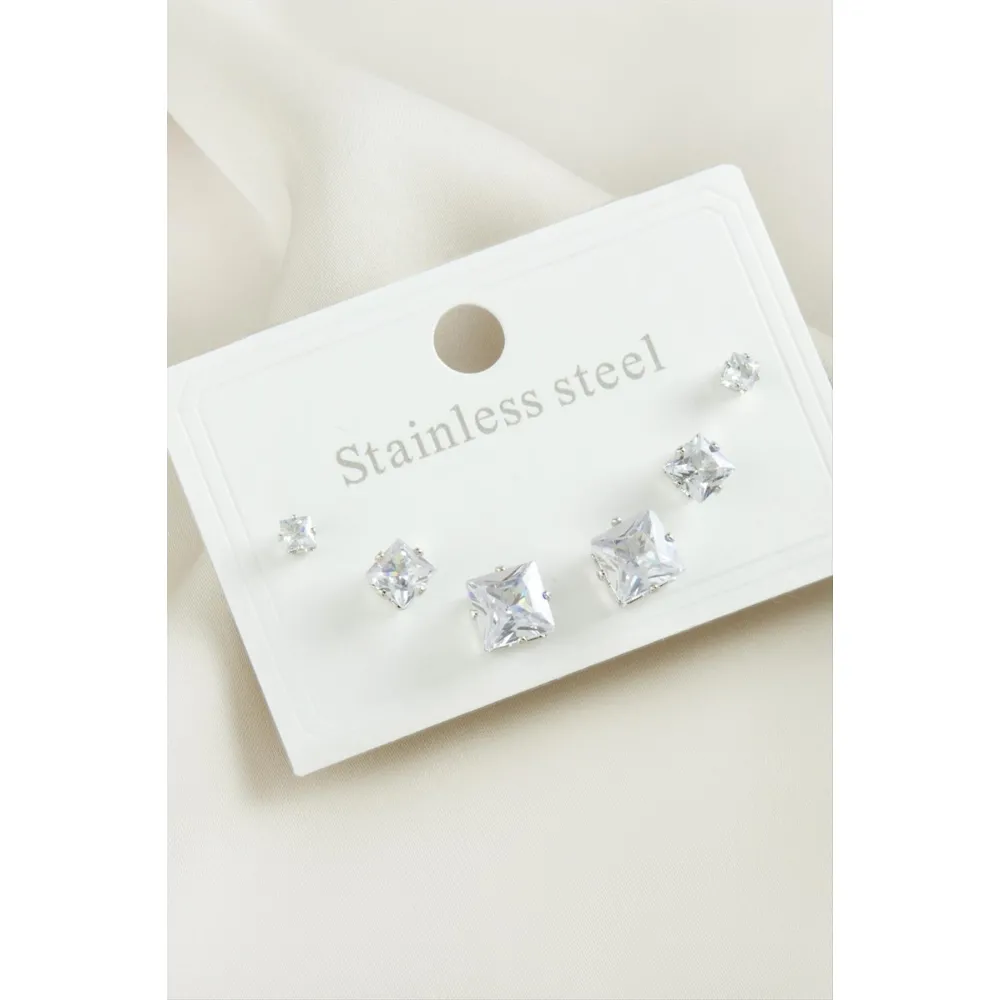 6 Adet Kare Zirkon Taşlı Çelik Küpe-Gümüş Rengi