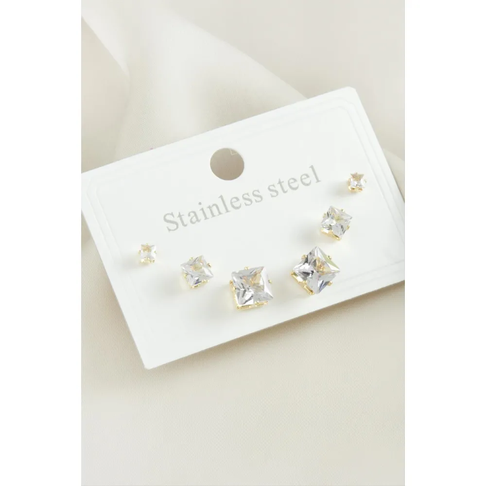 6 Adet Kare Zirkon Taşlı Çelik Küpe-Sarı