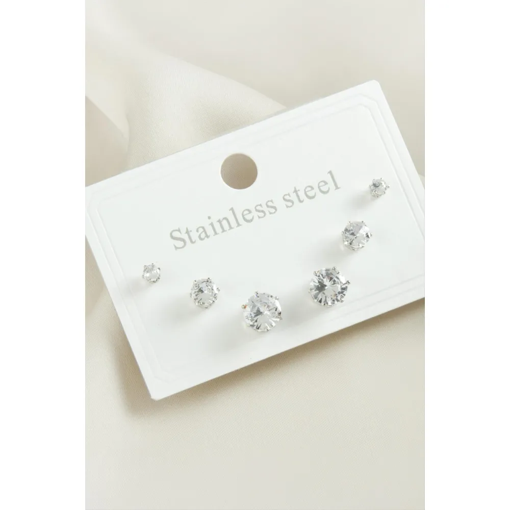 6 Adet Yuvarlak Zirkon Taşlı Çelik Küpe-Gümüş Rengi