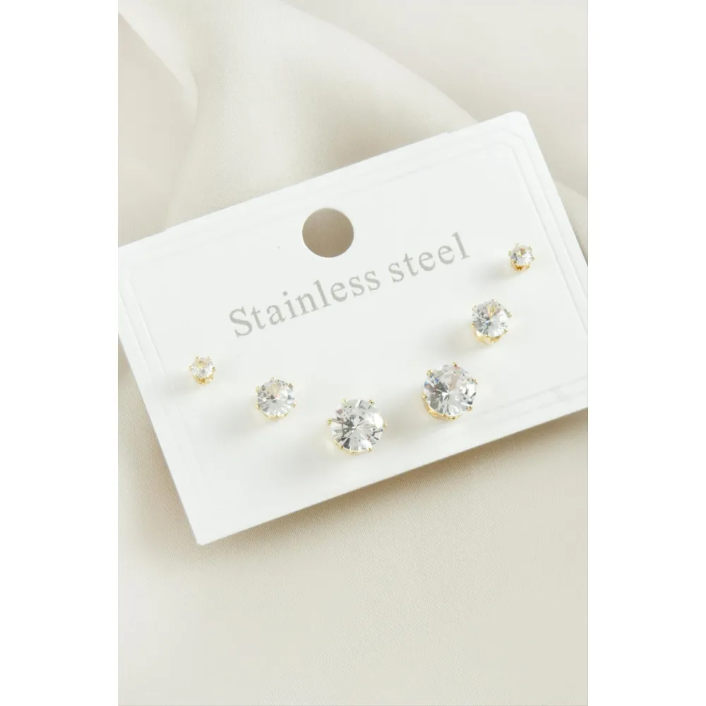 6 Adet Yuvarlak Zirkon Taşlı Çelik Küpe-Sarı