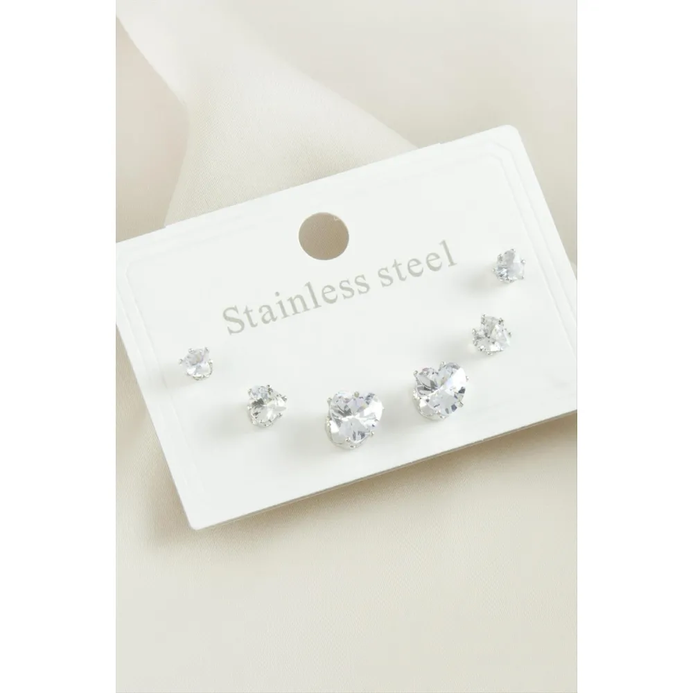 6 Adet Kalp Zirkon Taşlı Çelik Küpe-Gümüş Rengi