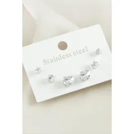 6 Adet Kalp Zirkon Taşlı Çelik Küpe-Gümüş Rengi