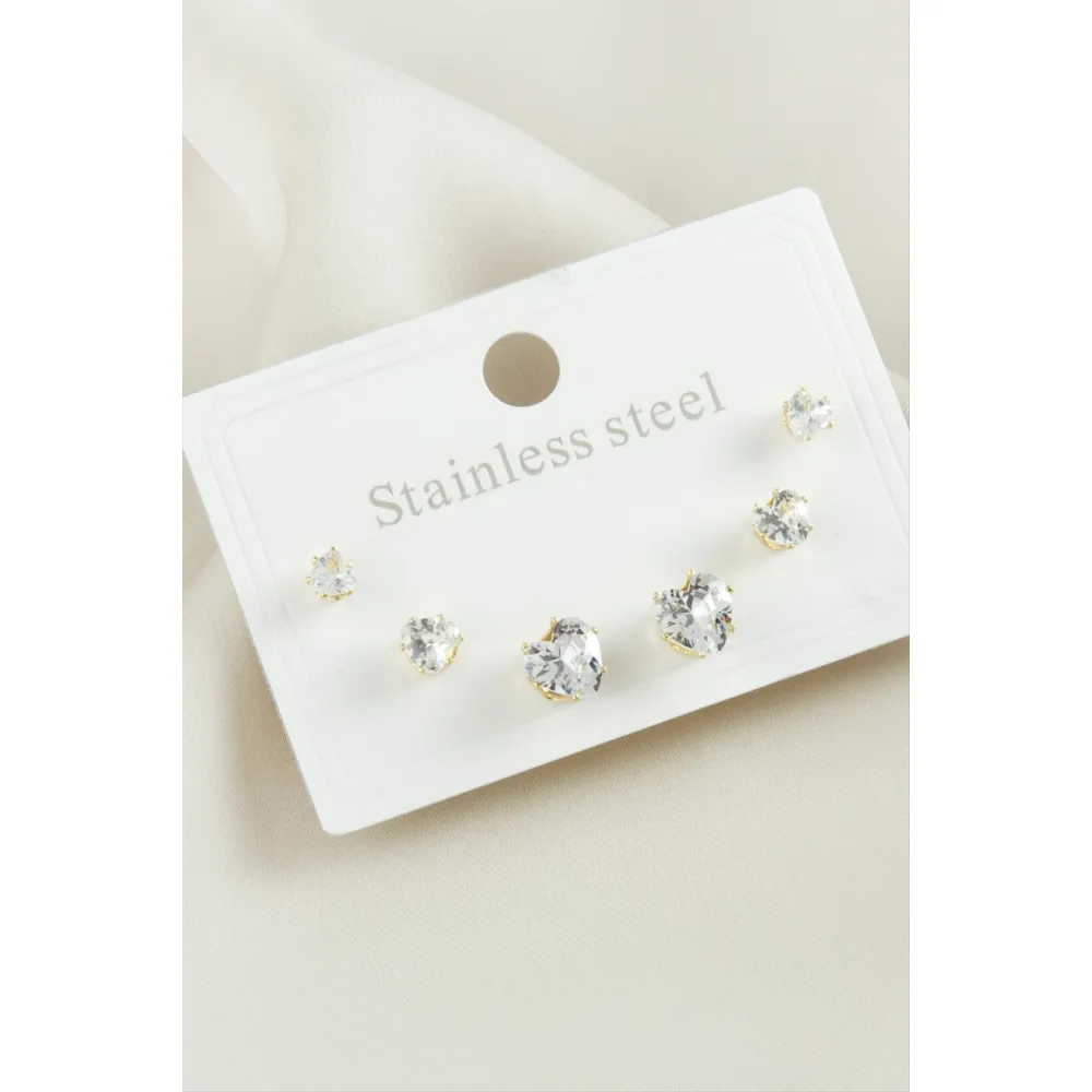 6 Adet Kalp Zirkon Taşlı Çelik Küpe-Sarı