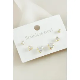 6 Adet Üçgen Zirkon Taşlı Çelik Küpe-Sarı