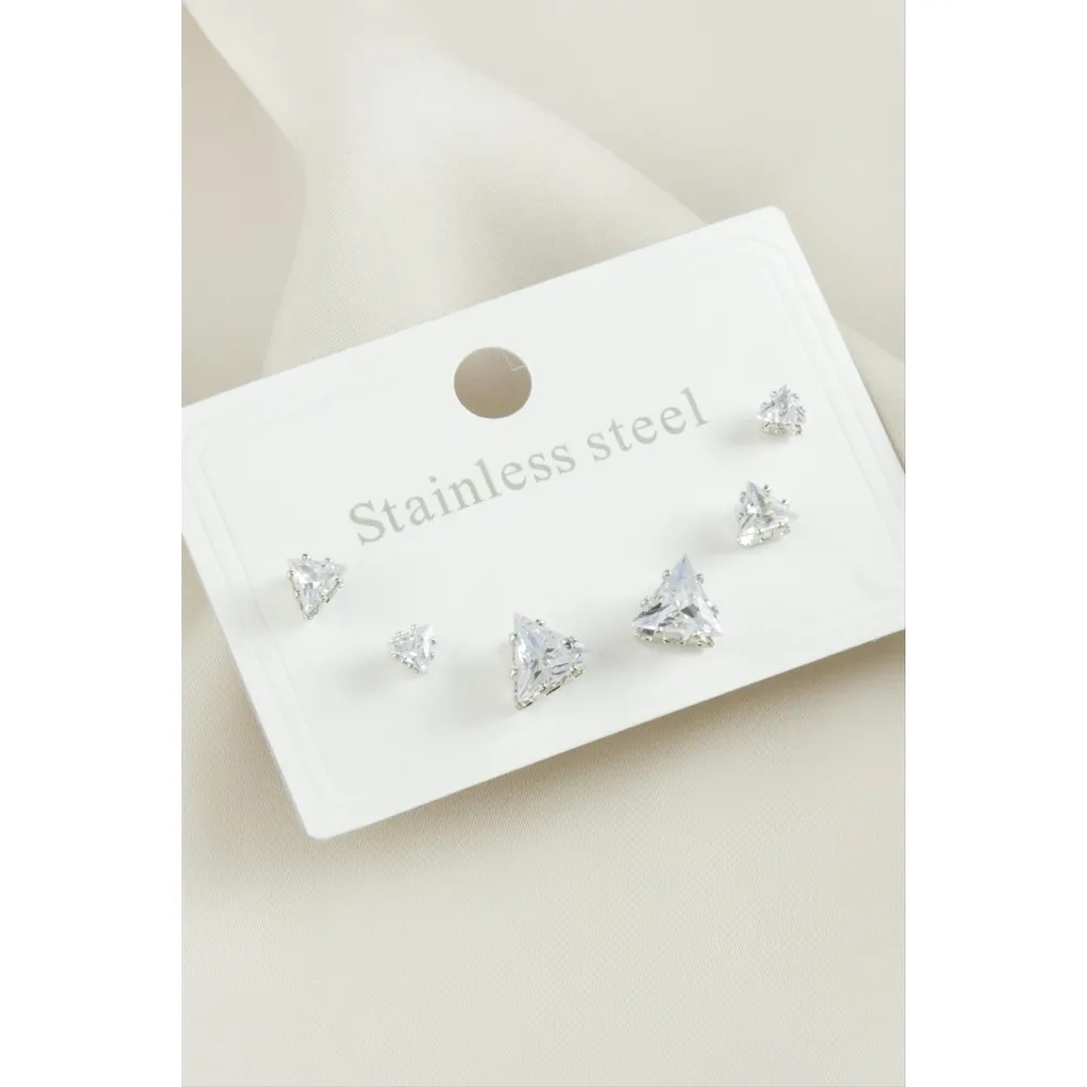 6 Adet Üçgen Zirkon Taşlı Çelik Küpe-Gümüş Rengi