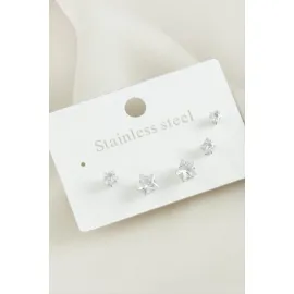 6 Adet Yıldız Zirkon Taşlı Çelik Küpe-Gümüş Rengi