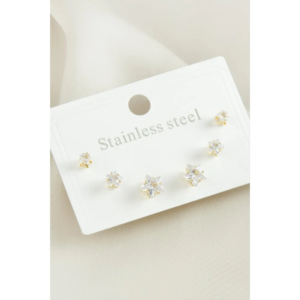 6 Adet Yıldız Zirkon Taşlı Çelik Küpe-Sarı