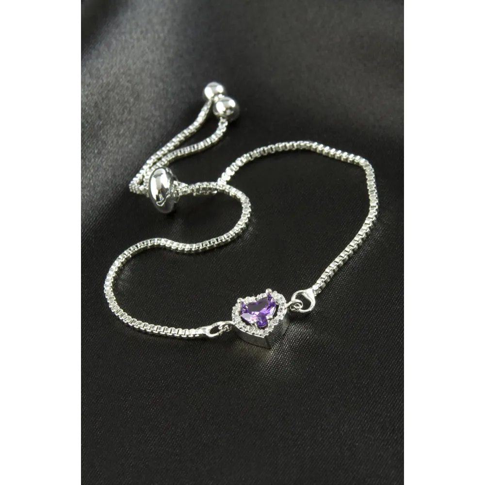 Kalp Zirkon Taşlı Asansörlü Bileklik  Ciddi İlişki Bilekliği-Mor
