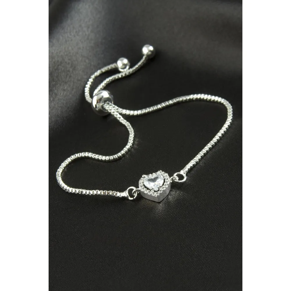 Kalp Zirkon Taşlı Asansörlü Bileklik  Ciddi İlişki Bilekliği-Gümüş Rengi