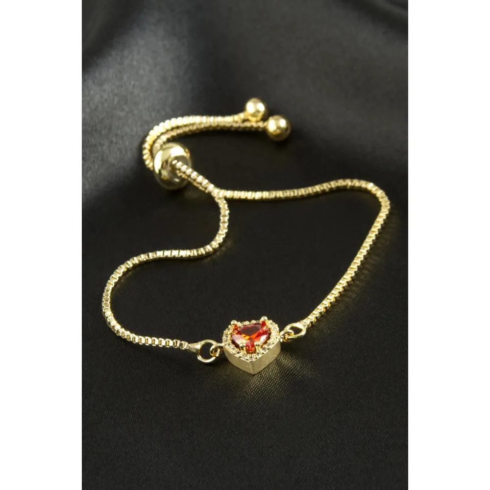 Kalp Zirkon Taşlı Asansörlü Bileklik  Ciddi İlişki Bilekliği-Kırmızı