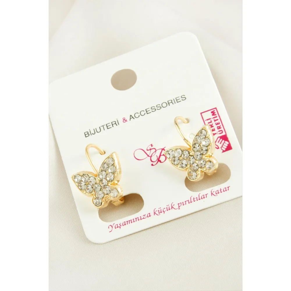 Kelebek Taşlı Klipsi Küpe-Gümüş Rengi