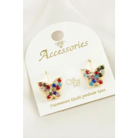 Kelebek Taşlı Klipsi Küpe-Renkli