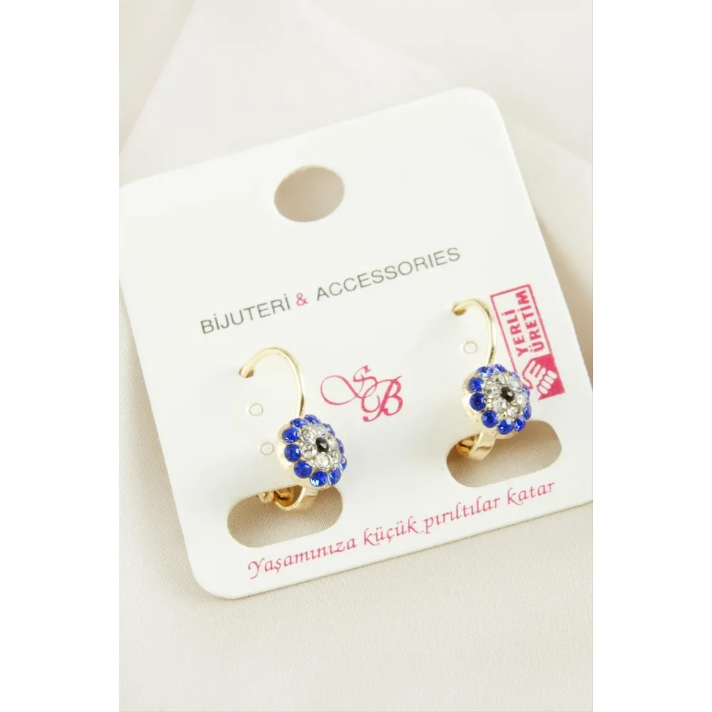 Nazar Taşlı Klipsi Küpe-Mavi