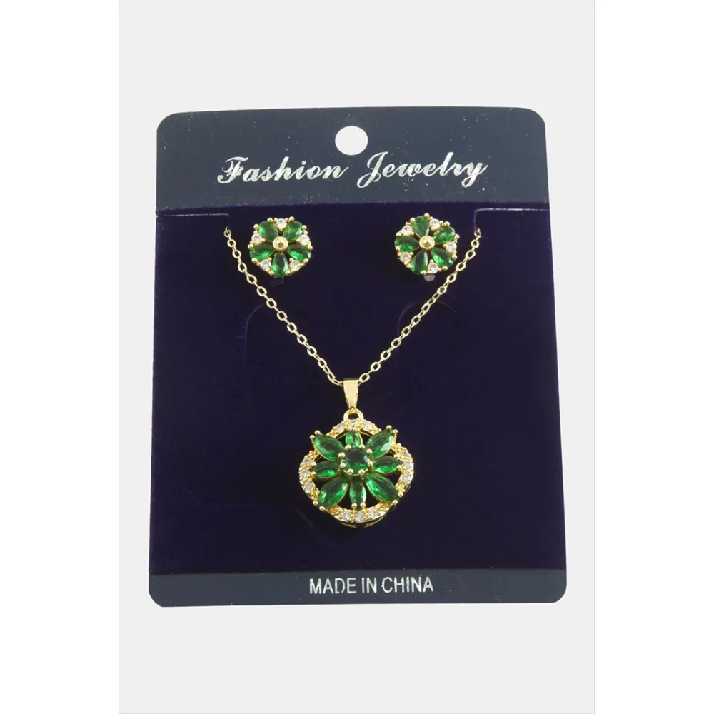 Çiçek Zirkon Taşlı Set Kolye-Gümüş Rengi