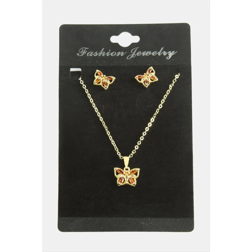 Kelebek Zirkon Taşlı Set Kolye-Kırmızı