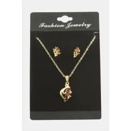 Çiçek Zirkon Taşlı Set Kolye-Kırmızı