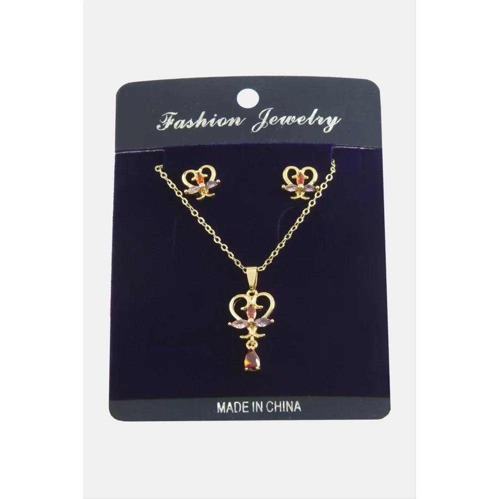 Kalp Zirkon Taşlı Set Kolye-Gümüş Rengi