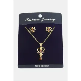 Kalp Zirkon Taşlı Set Kolye-Kırmızı