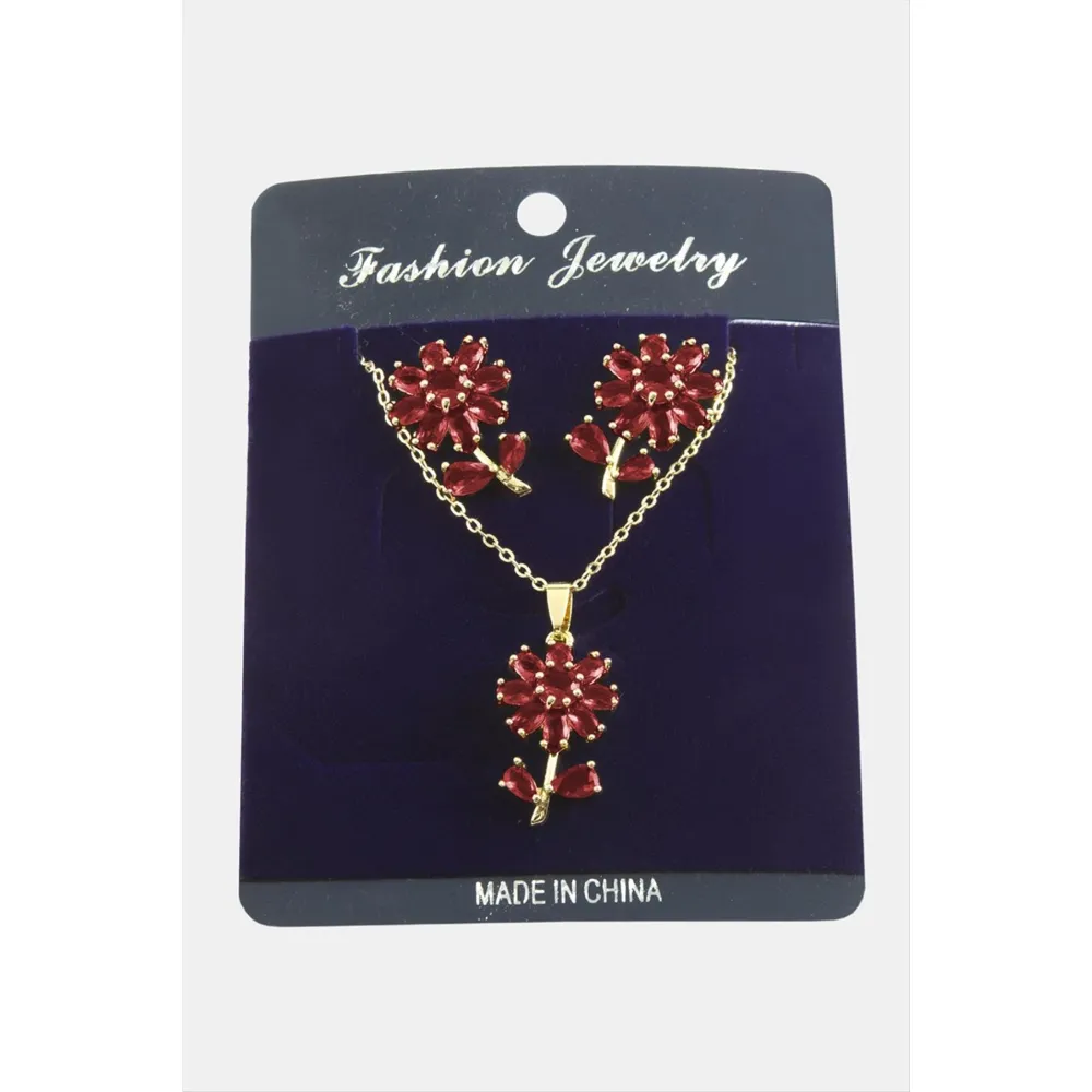 Papatya Zirkon Taşlı Set Kolye-Siyah