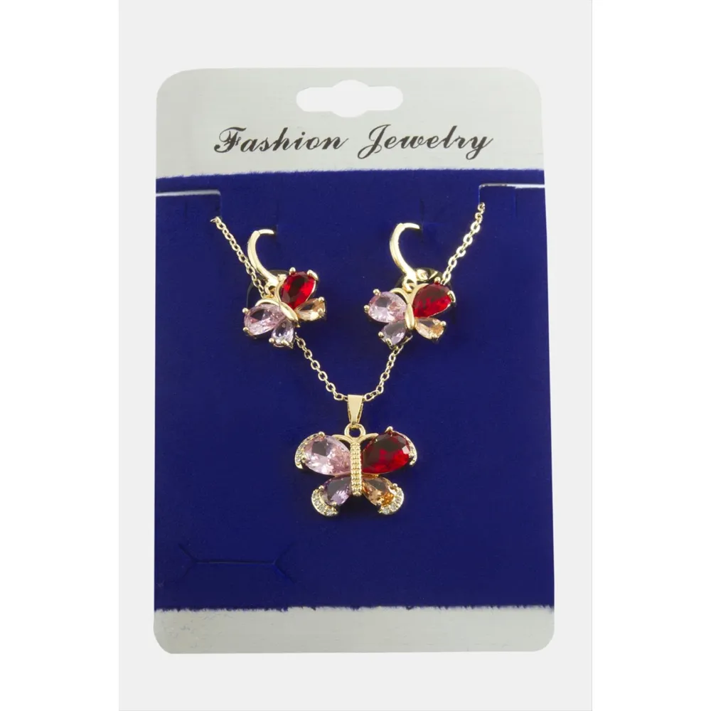 Kelebek Zirkon Taşlı Set Kolye-Yeşil