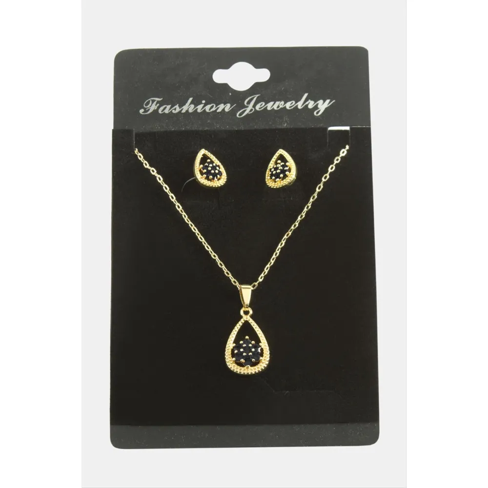 Oval Kartanesi Zirkon Taşlı Set Kolye-Siyah