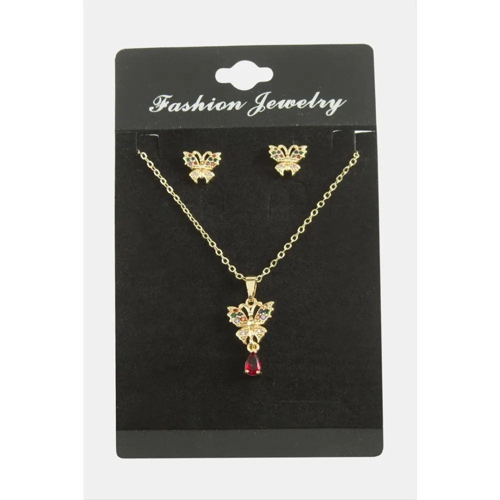 Kelebek Zirkon Taşlı Set Kolye-Kırmızı