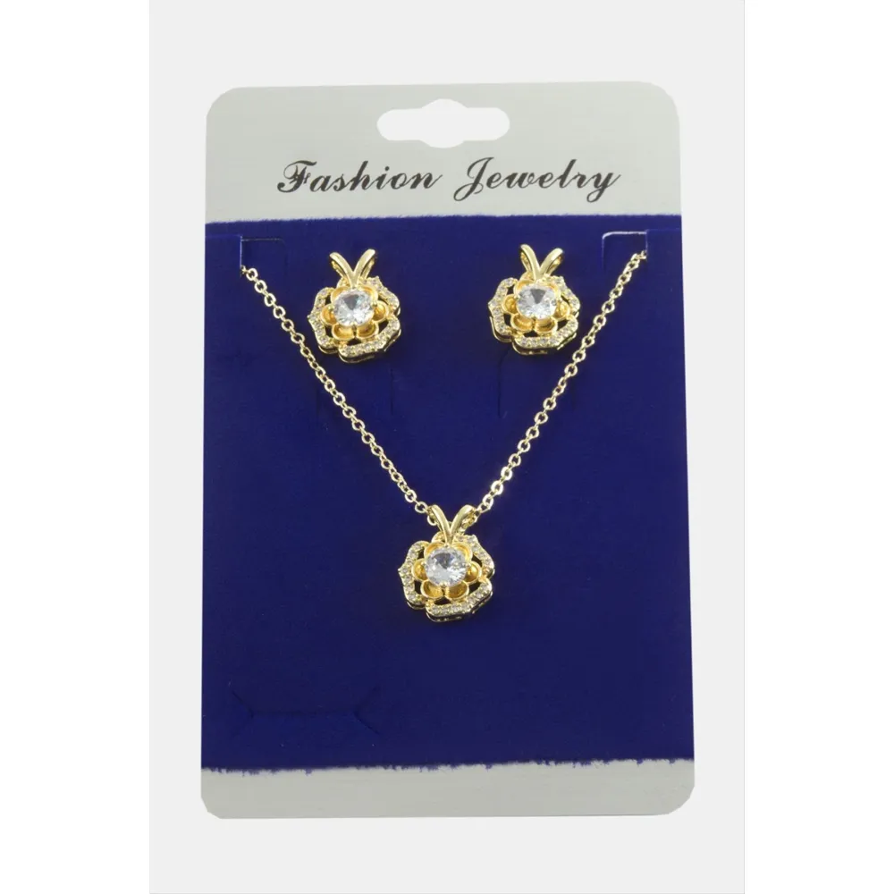 Gül Zirkon Taşlı Set Kolye-Yeşil