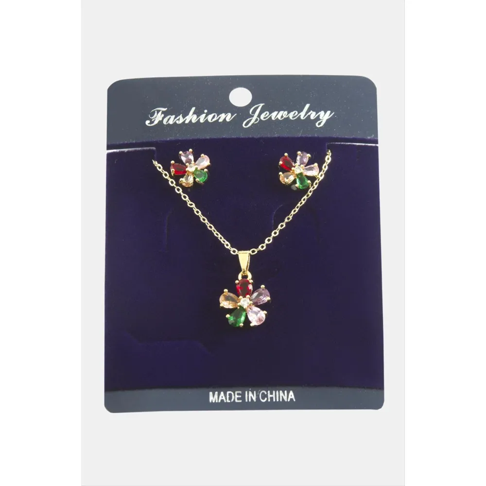 Papatya Zirkon Taşlı Set Kolye-Kırmızı