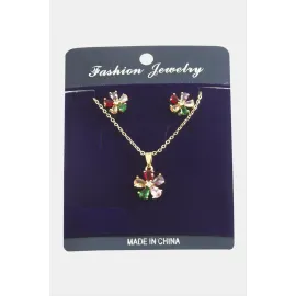 Papatya Zirkon Taşlı Set Kolye-Kırmızı