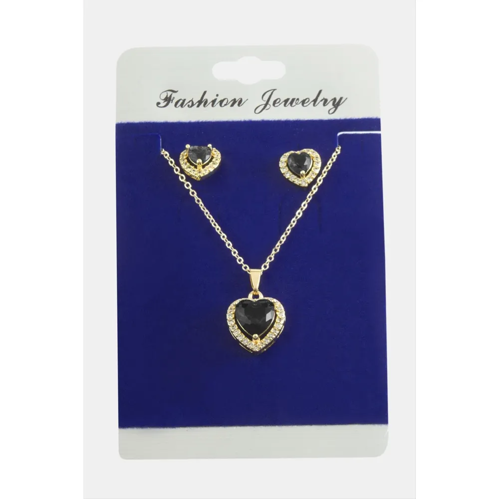 Kalp Zirkon Taşlı Set Kolye-Siyah