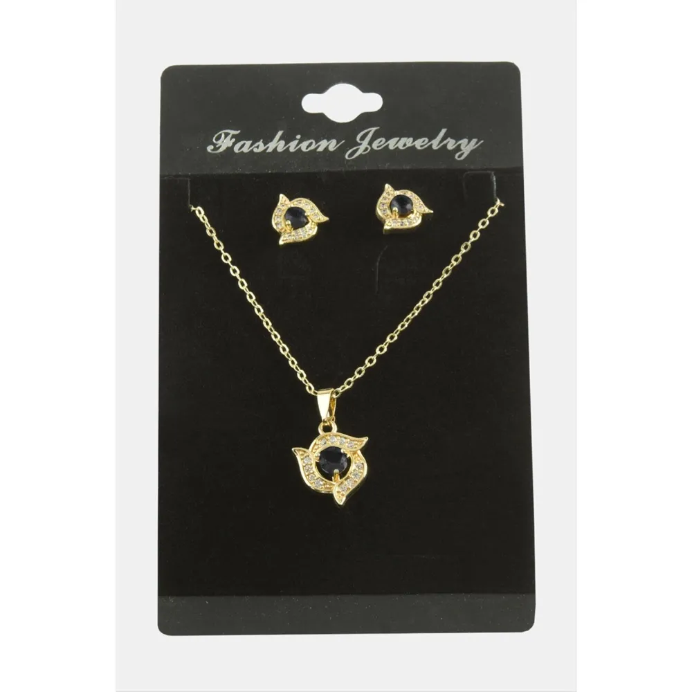 Çiçek Zirkon Taşlı Set Kolye-Gümüş Rengi