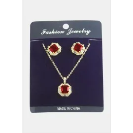 Kare Zirkon Taşlı Set Kolye-Kırmızı