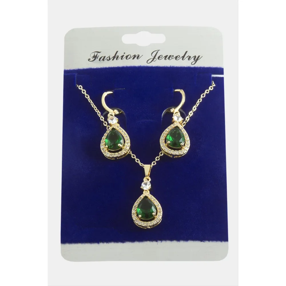 Damla Zirkon Taşlı Set Kolye-Gümüş Rengi