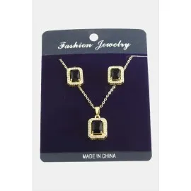 Dikdörtgen Zirkon Taşlı Set Kolye-Yeşil