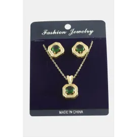 Kare Zirkon Taşlı Set Kolye-Siyah