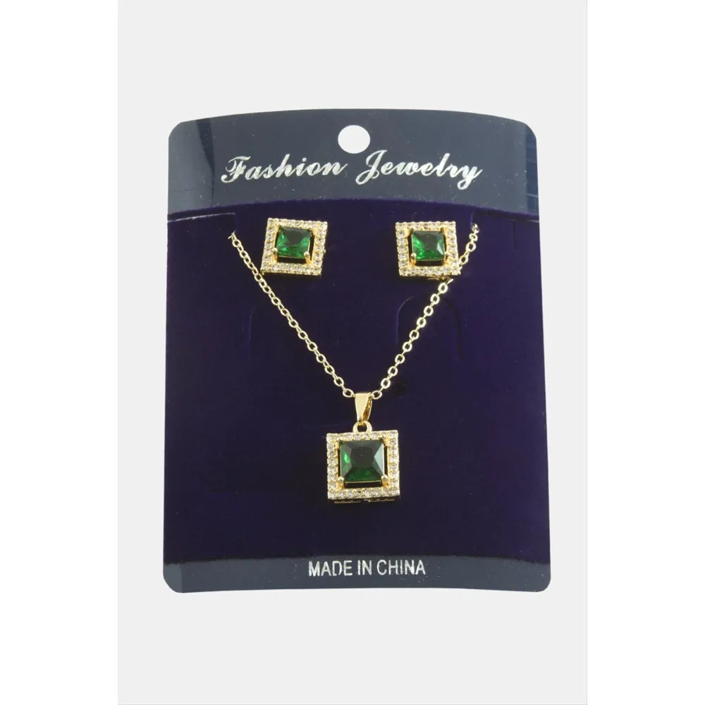 Kare Zirkon Taşlı Set Kolye-Kırmızı