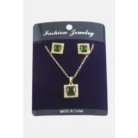 Kare Zirkon Taşlı Set Kolye-Kırmızı