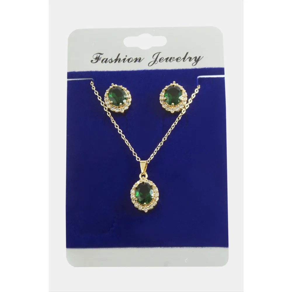 Oval Zirkon Taşlı Set Kolye-Yeşil