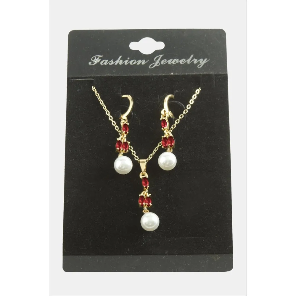 Çiçek İnci Zirkon Taşlı Set Kolye-Yeşil