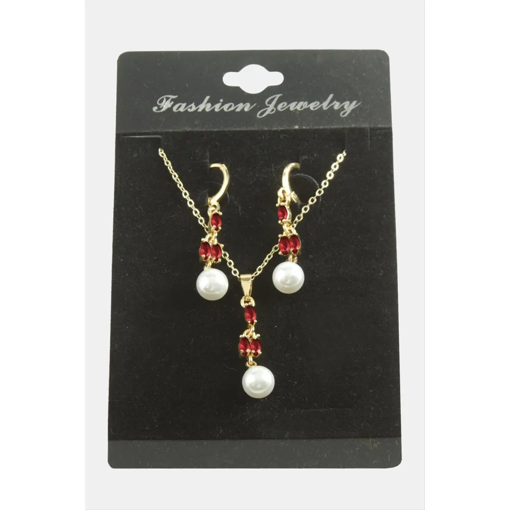 Çiçek İnci Zirkon Taşlı Set Kolye-Gümüş Rengi