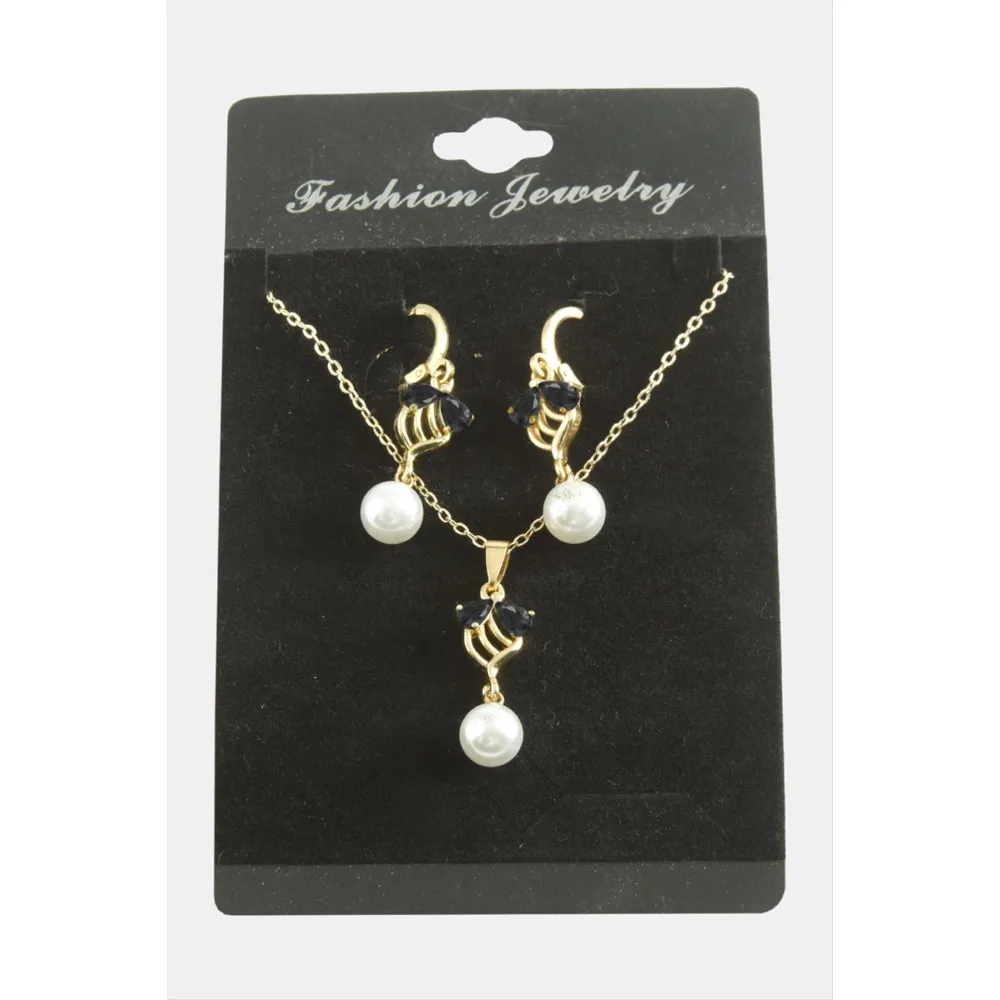 Çiçek İnci Zirkon Taşlı Set Kolye-Yeşil