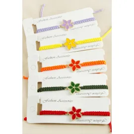 Çiçek Makrome Örgülü Bileklik-Renkli