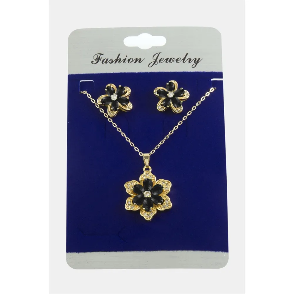 Papatya Zirkon Taşlı Set Kolye-Renkli