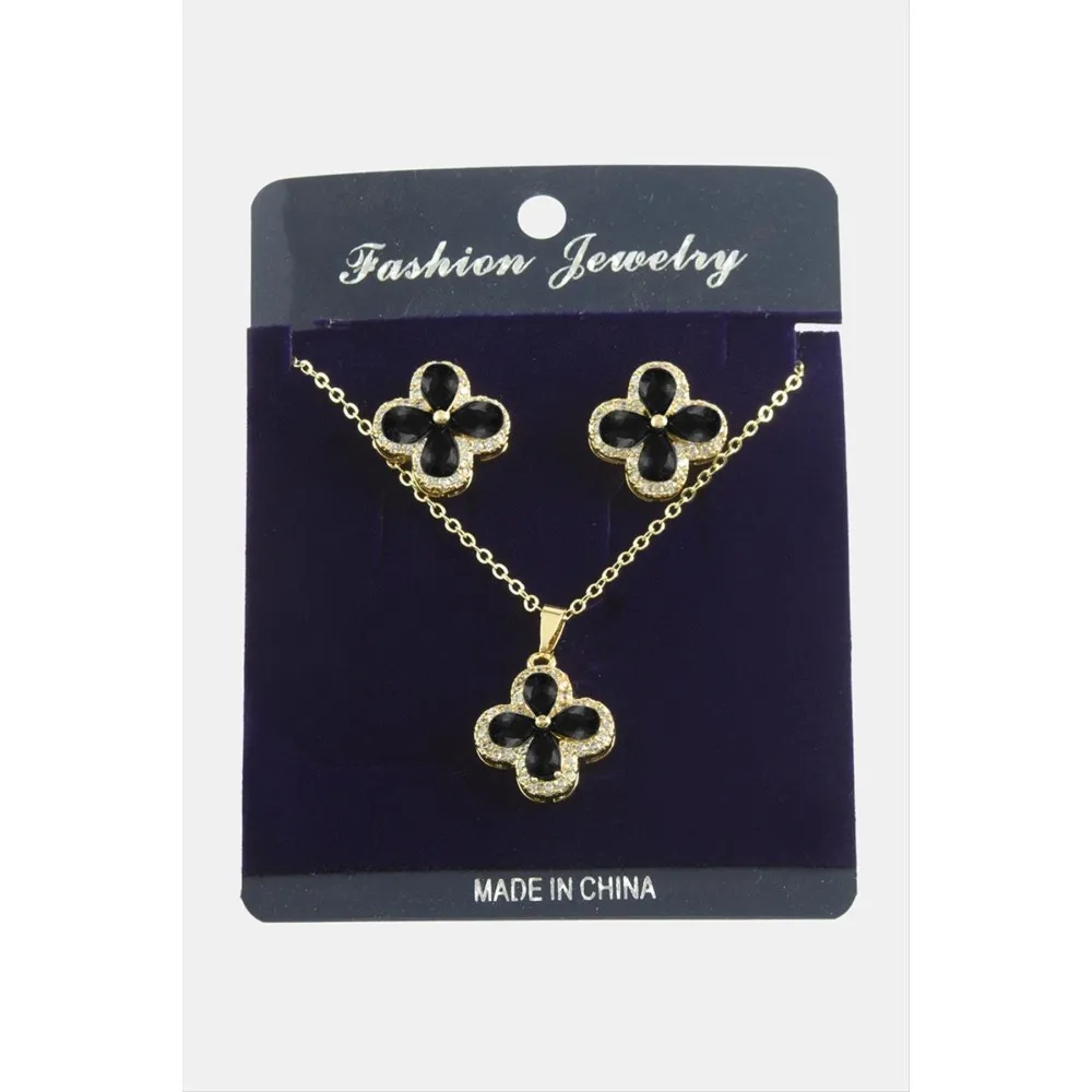 Çiçek Zirkon Taşlı Set Kolye-Yeşil