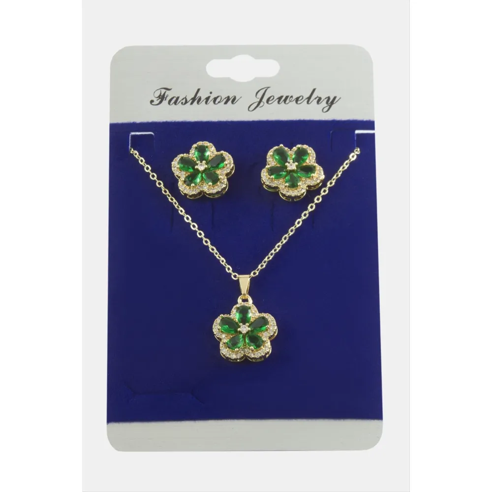 Çiçek Zirkon Taşlı Set Kolye-Gümüş Rengi