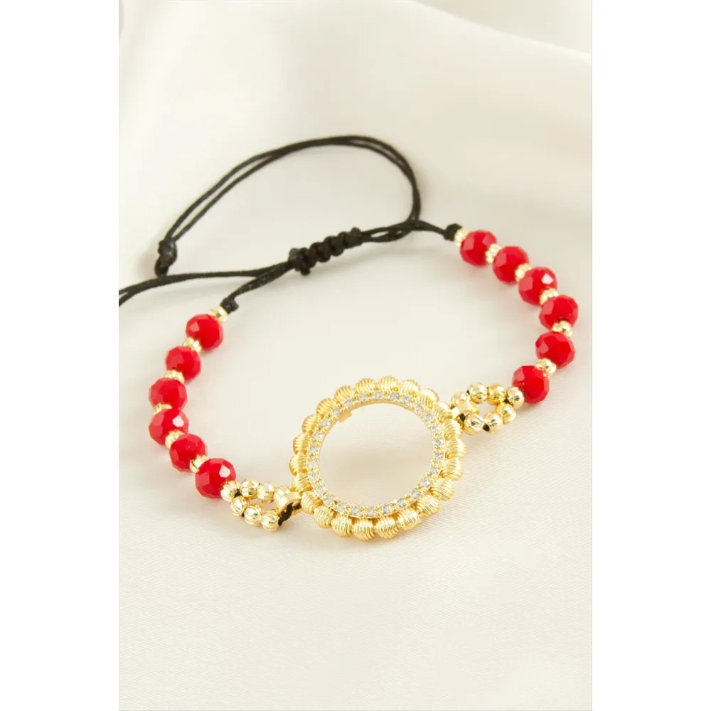 Çeyrek Altın Koyulabilir Kristal Taşlı Bileklik-Kırmızı