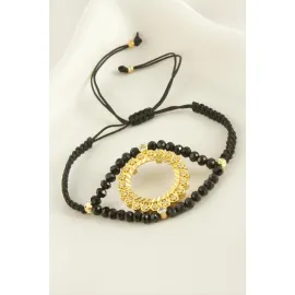 Çeyrek Altın Koyulabilir Kristal Taşlı Bileklik-Siyah